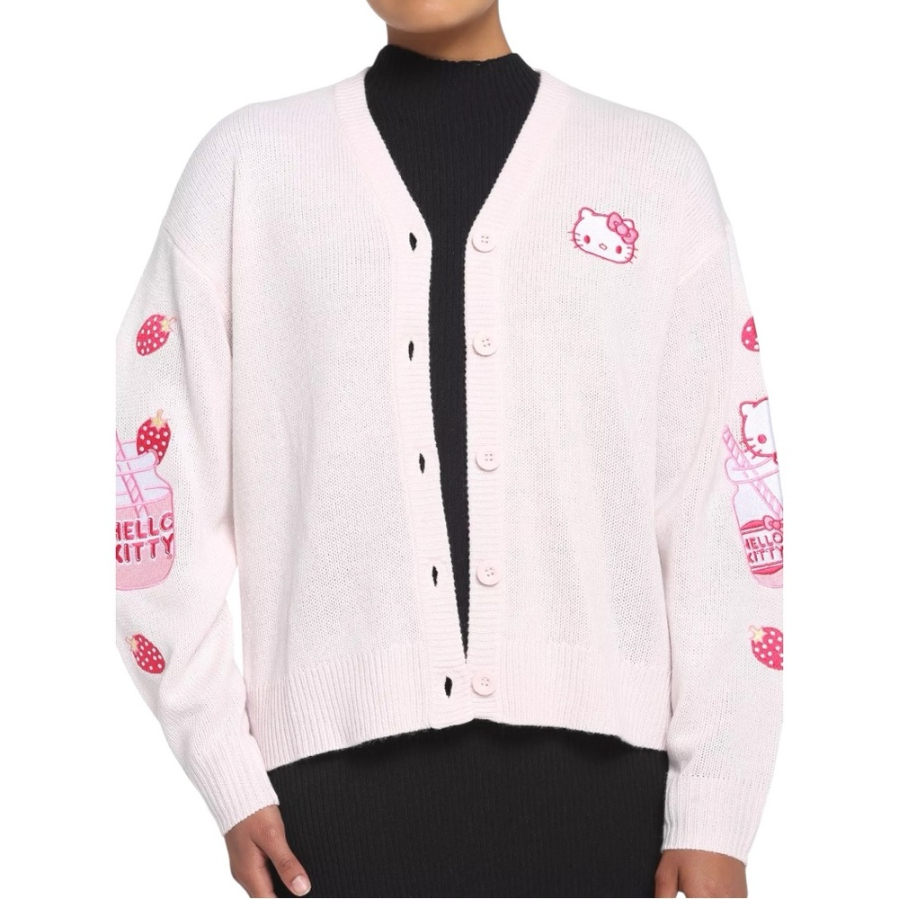 New Hot Topic Hello Kitty Strawberry Milk Girls Skimmer Cardigan Size Medium
